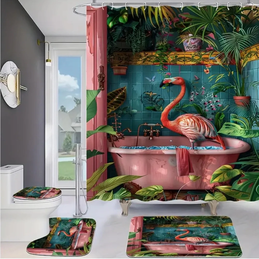 Tropical Flamingo Shower Curtain Bathroom Set - Pink and Teal